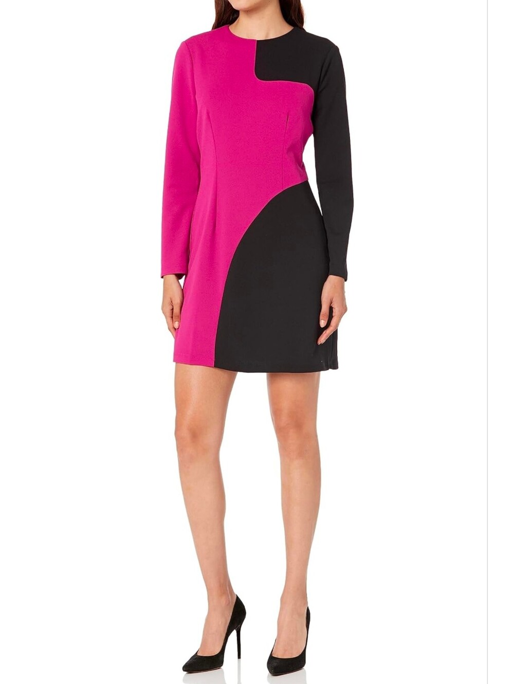Colorblock Long-Sleeve Shift Dress in Pink and Black